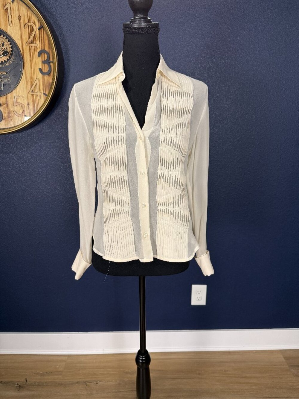 Max Studio Ivory Pleated Panel Silky Button Up Blouse | S